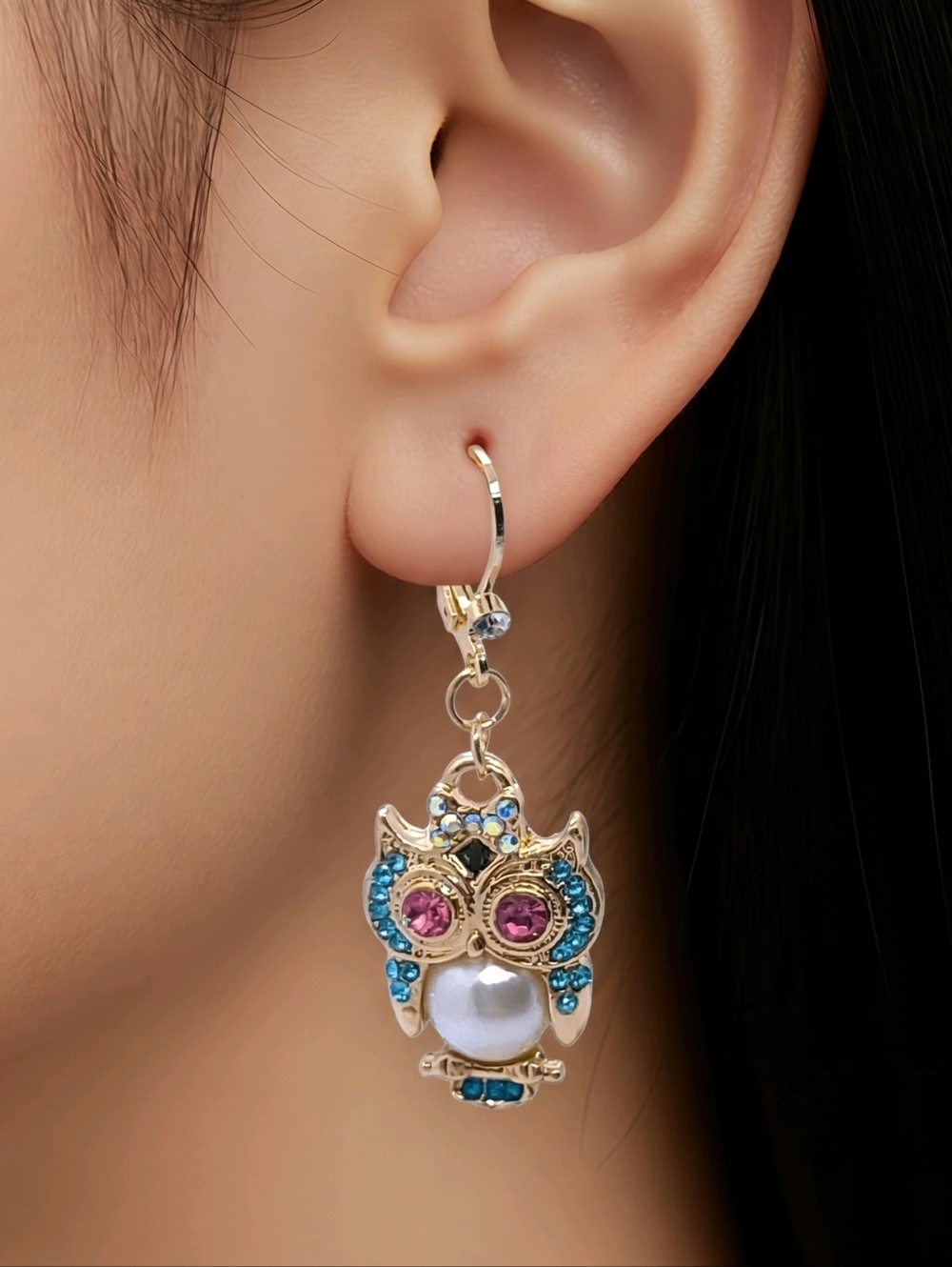 Owl Dangle Earrings Gold Rhinestone Pearl Lever Back Whimsical Cute Jewelry Gift